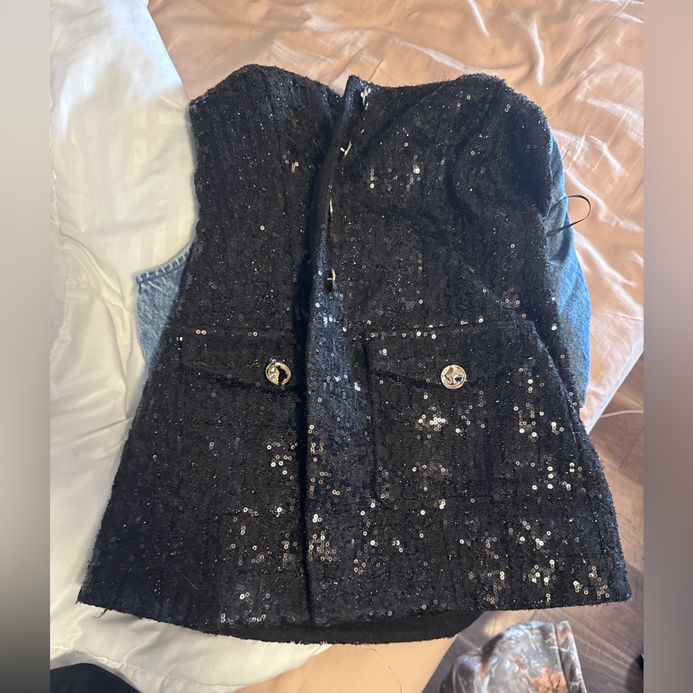 Astr Black Sequin Strapless Top